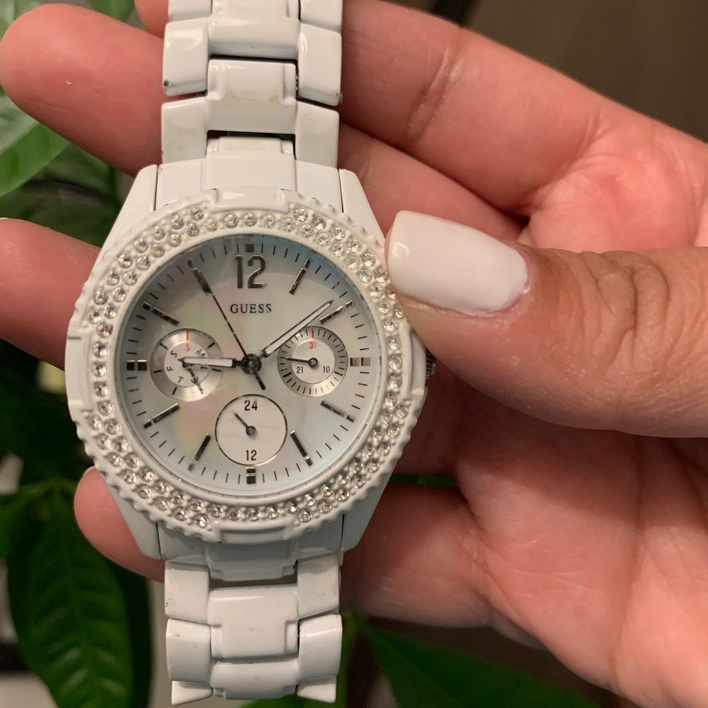 White Guess watch with rhinestones